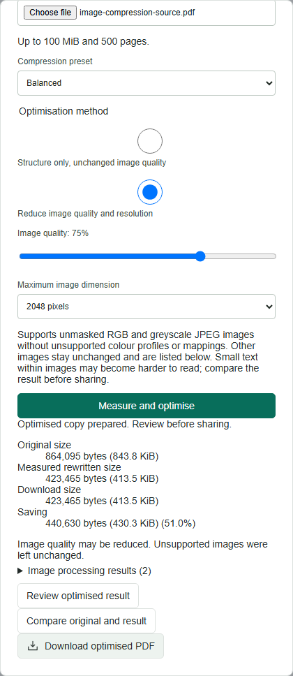 Balanced compression settings and measured original and output sizes
