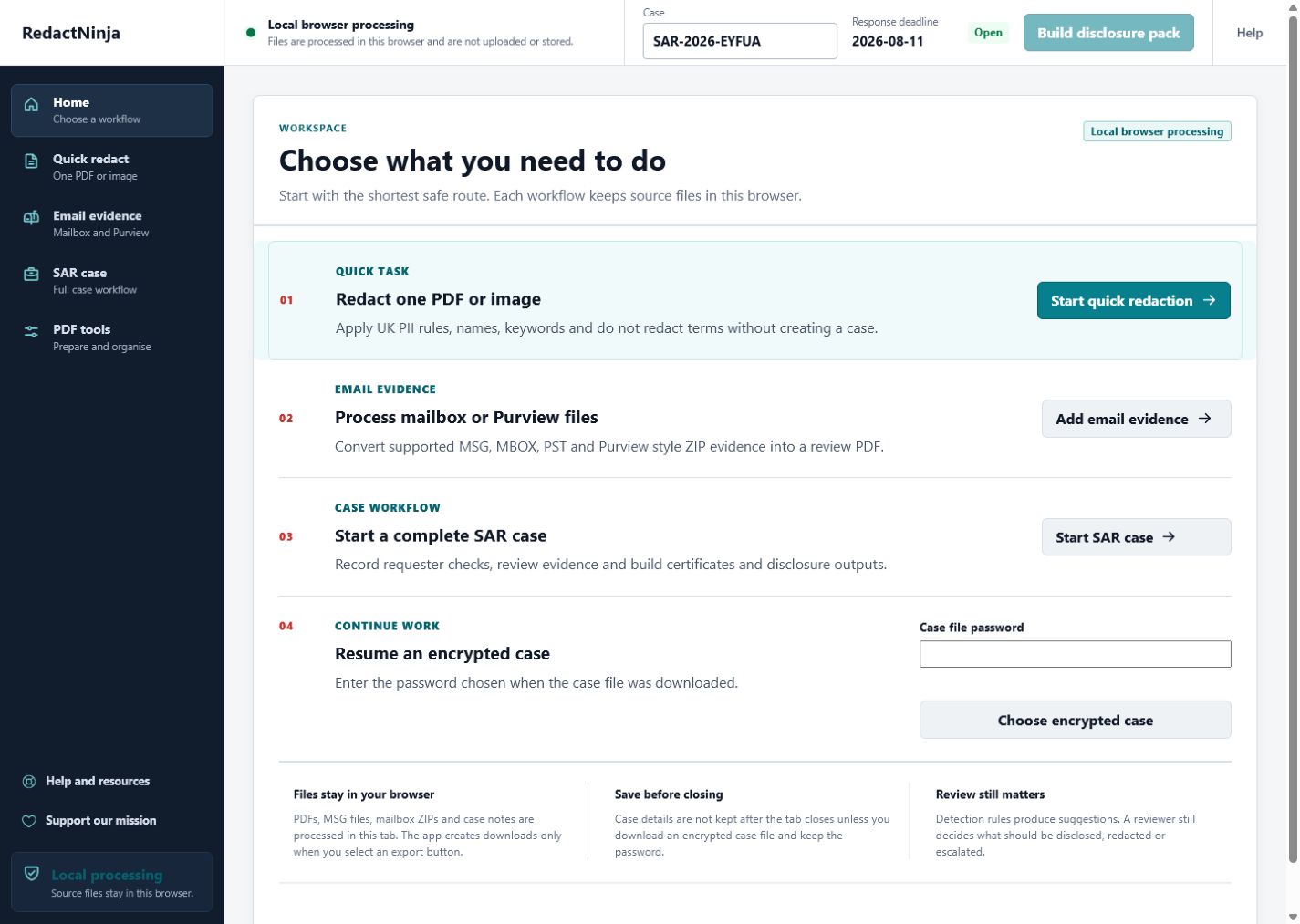 RedactNinja dashboard showing local browser SAR review workflow