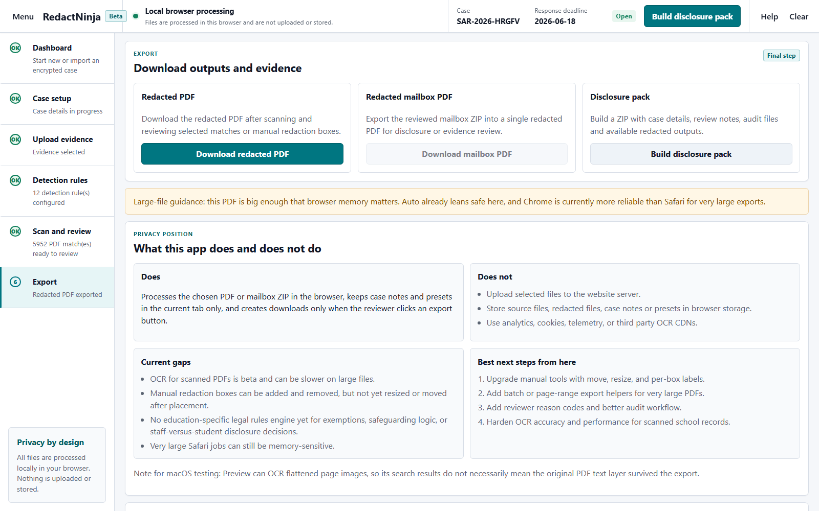 RedactNinja export screen with redacted PDF and disclosure pack download options