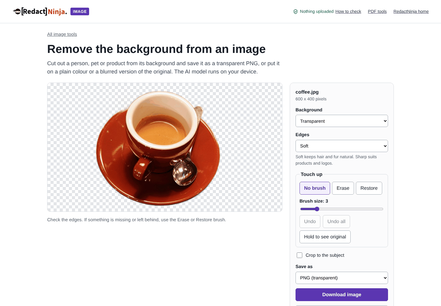 RedactNinja Image background remover showing a cup of coffee cut out on a transparent background, with background, edge and touch-up settings