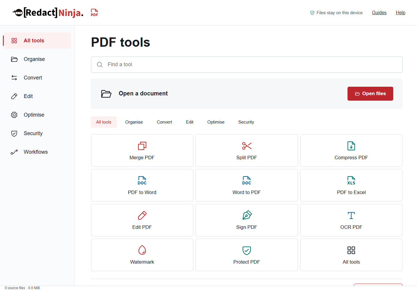 RedactNinja PDF tool library with search, categories and document tools